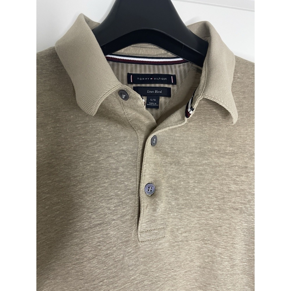 Tommy Hilfiger Linen Blend Polo Shirt Men's Large Beige Tan Short Sleeve L